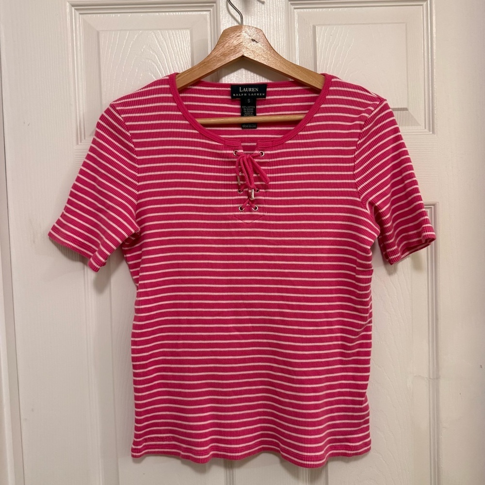 Like New Vintage Lauren Ralph Lauren Striped Lace-up Tie Neck Top